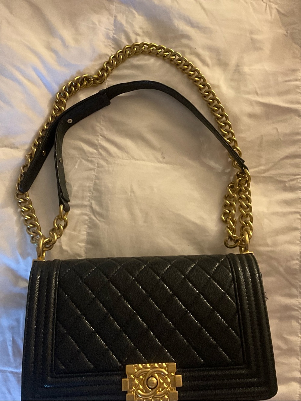 Black Quilted Chain Shoulder Bag with Gold Hardware